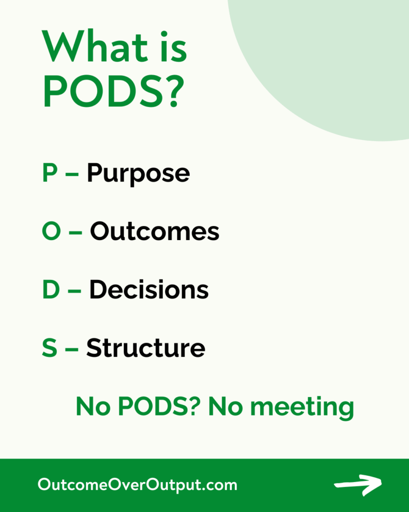 Explains better meeting engagement with PODS What PODS is P – Purpose O – Outcomes D – Decisions S – Structure